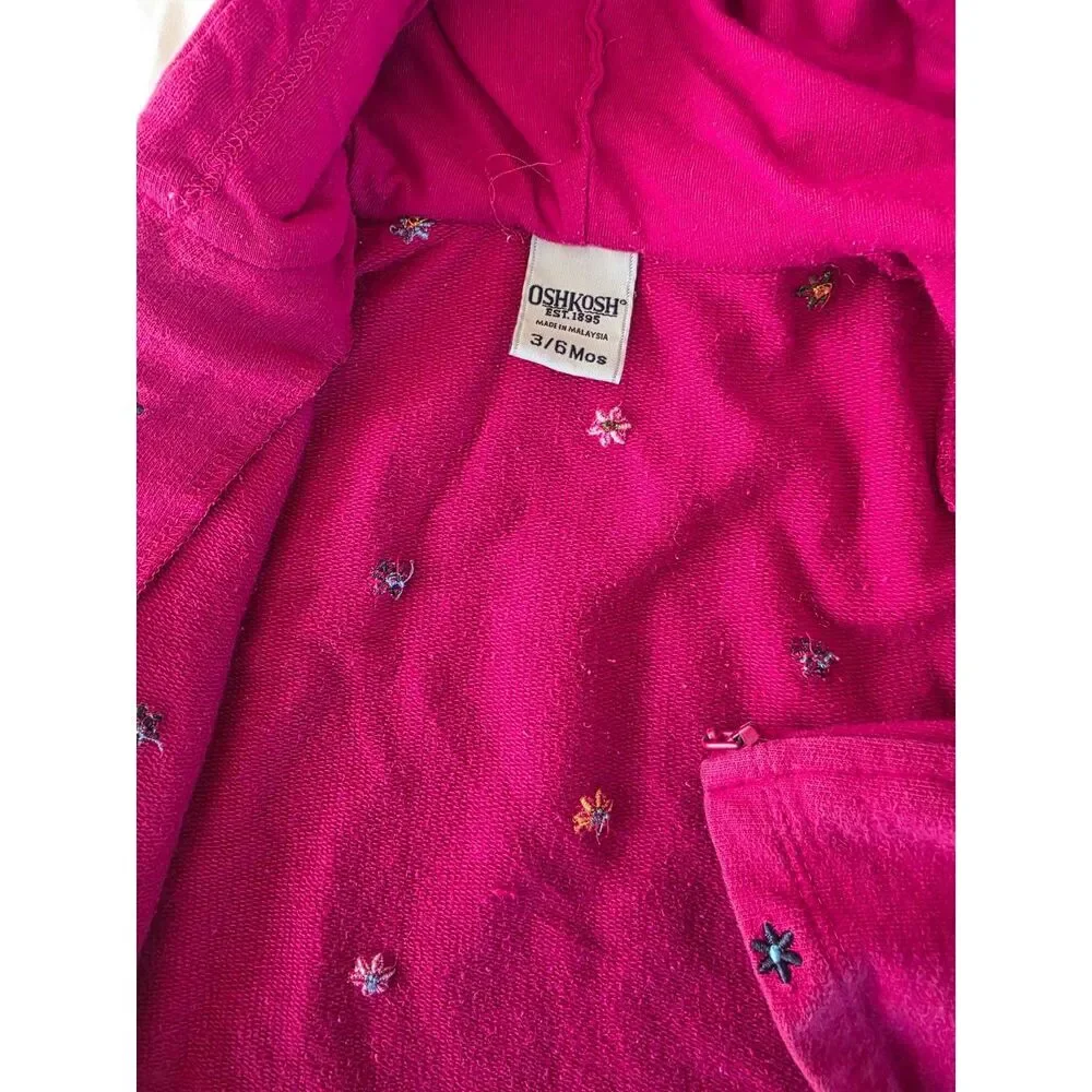 Vintage OshKosh B'Gosh Pink Floral Embroidered Zip Hoodie Jacket - Sz 3/6 Months